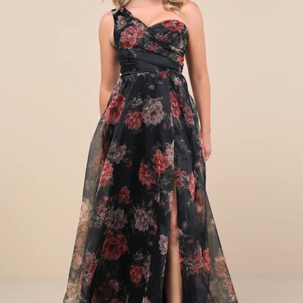 Lulu's One Shoulder Black and Red Floral Dress
